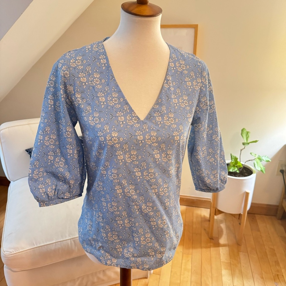 Liberty of London floral material cornflower blue blouse